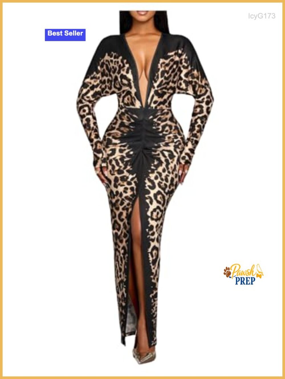 Leopard Print Maxi Dress Bodycon Long Sleeve V-Neck Slit Party - Picture 1 of 4